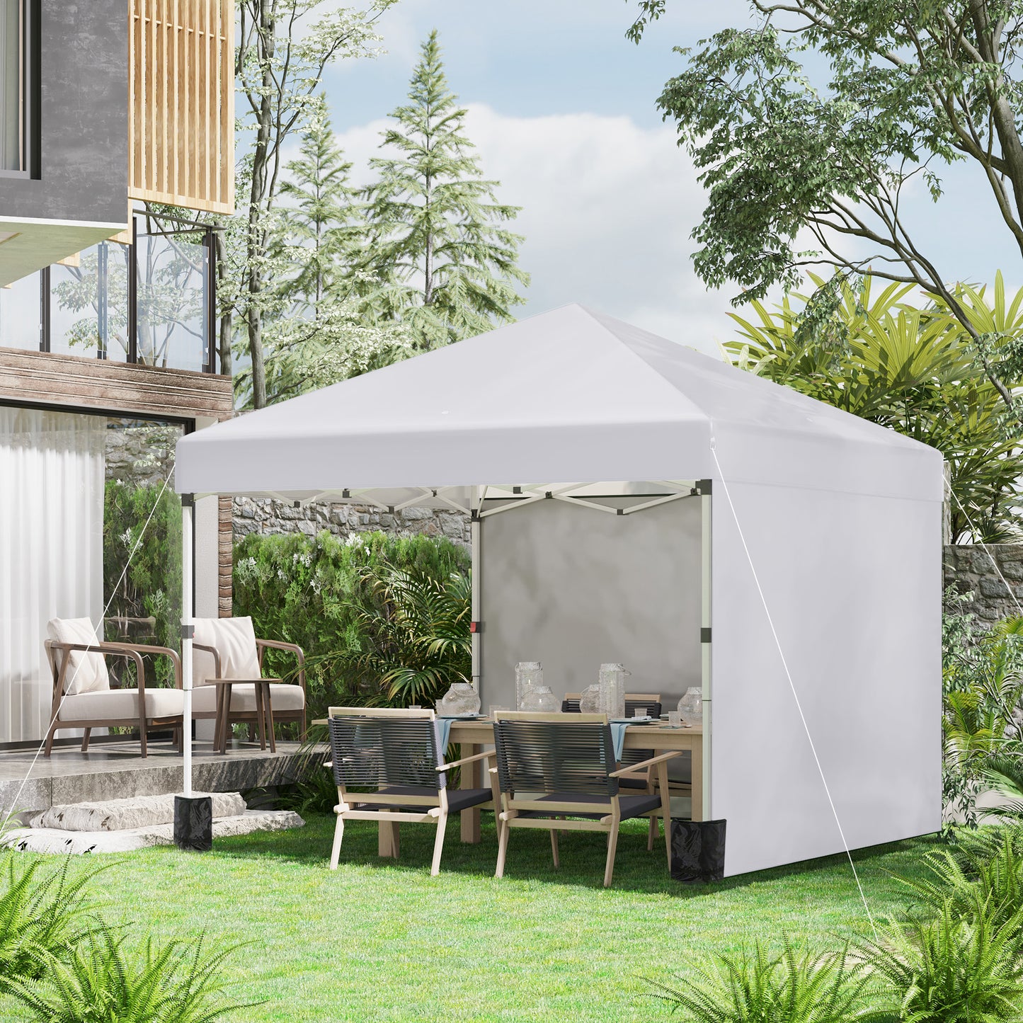 Outsunny 3 x 3 (M) Pop Up Altana, UPF 30+ z 2 ścianami bocznymi, workami na ciężarki na nogi i torbą na kółkach, namiot imprezowy z regulacją wysokości, schronienie na imprezy do ogrodu, na patio, biały