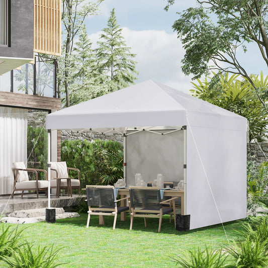 Outsunny 3 x 3 (M) Pop Up Altana, UPF 30+ z 2 ścianami bocznymi, workami na ciężarki na nogi i torbą na kółkach, namiot imprezowy z regulacją wysokości, schronienie na imprezy do ogrodu, na patio, biały