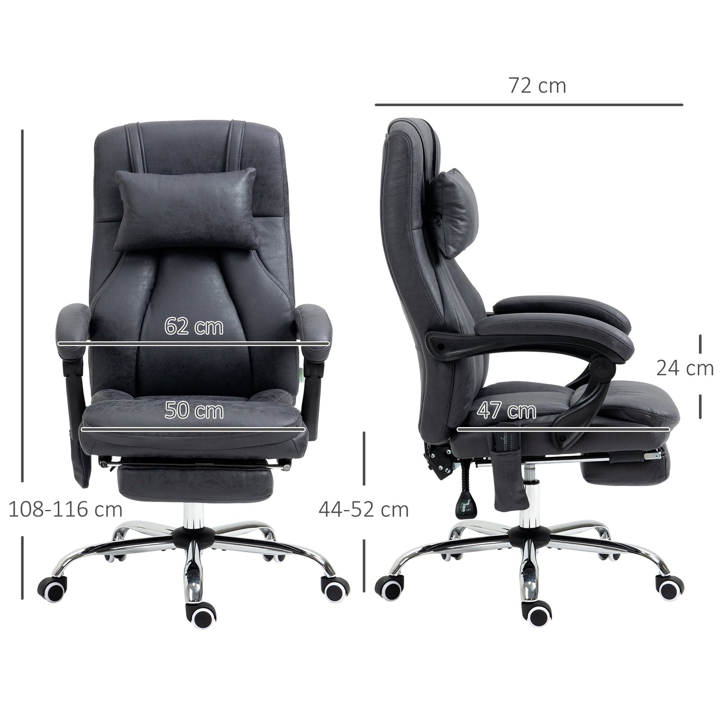 Vinsetto Office Chair with Lumbar Massage, 135 Reclining Computer Chair with Adjustable Headrest, Retractable Footrest, 10cm Double Padded Seat, Microfiber Fabric, Metal Base, Dark Grey