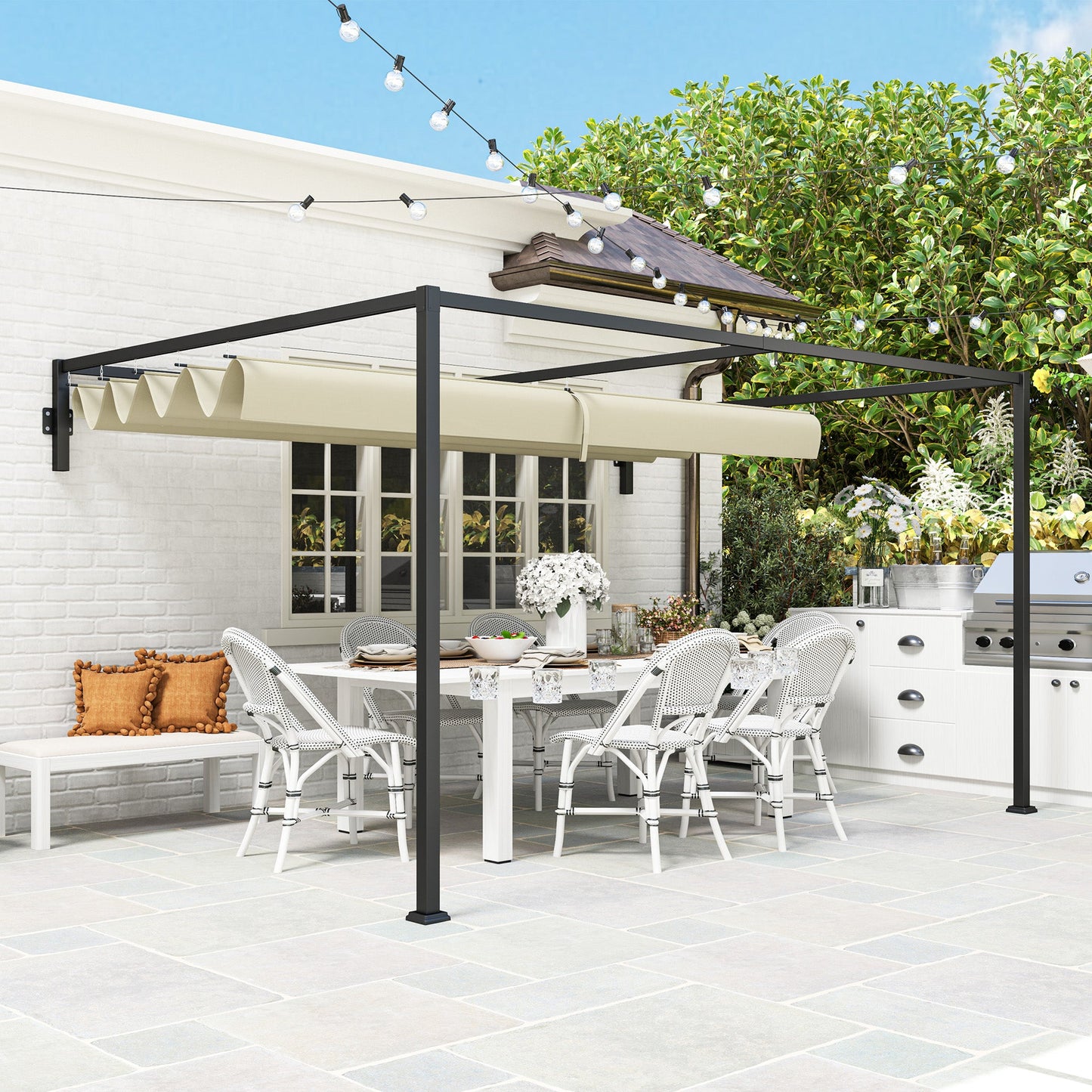 Outsunny 3 x 4m Steel Pergola, with Retractable Canopy - Khaki