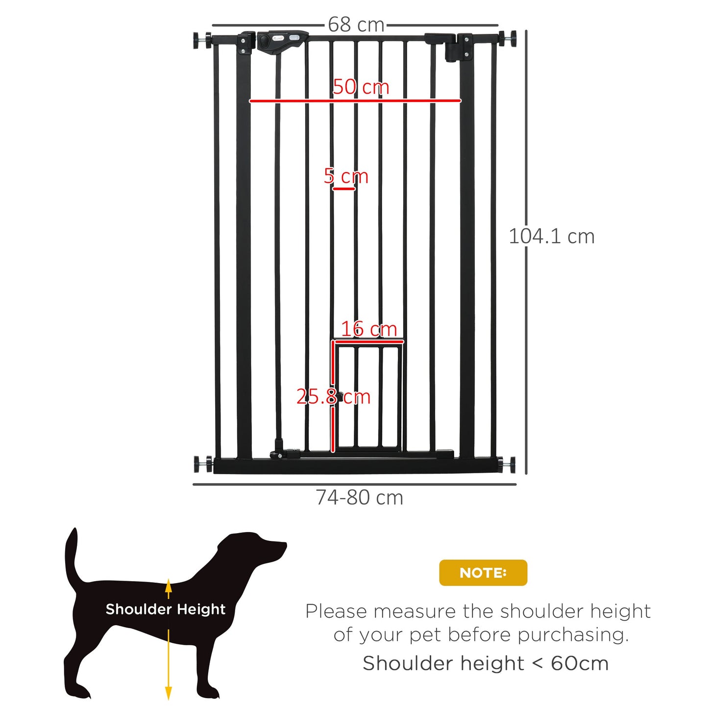 بوابة PawHut Extra Tall Pet Gate، بوابة أمان للكلاب في الأماكن المغلقة، مع فتحة للقطط، إغلاق تلقائي، عرض 74-80 سم - أسود