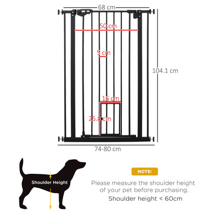 بوابة PawHut Extra Tall Pet Gate، بوابة أمان للكلاب في الأماكن المغلقة، مع فتحة للقطط، إغلاق تلقائي، عرض 74-80 سم - أسود