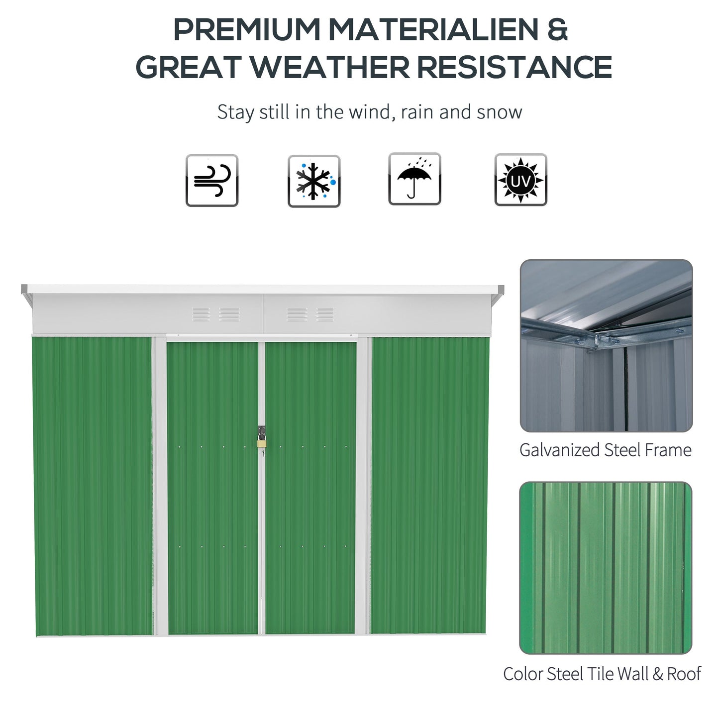 Outsunny 7.6 x 4.3ft Garden Storage Shed w/ Sliding Door Ventilation Window Sloped Roof Gardening Tool Storage Green