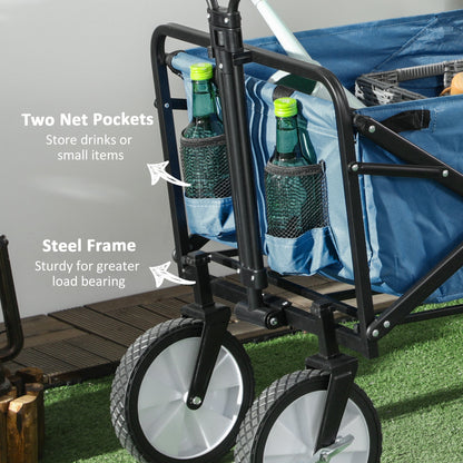 Outsunny Pull Along Cart Folding Cargo Wagon Trailer Trolley for Beach Garden Use with Telescopic Handle - Blue