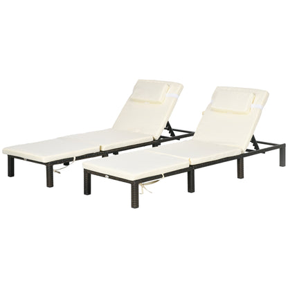 Rattan Sun Loungers Set of 2 with 5-Level Adjustable Backrest, Wicker Lounge Chairs with Padded Cushion and Headrest for Outdoors  Cream White