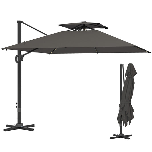 Outsunny 3.5x3 m Garden Cantilever Parasol with Solar LED Lights and Centre Light, Aluminium Large Square Patio Umbrella, UPF50+ Hanging Sun Shade with Cross Base, Crank Handle and Tilt, Grey
