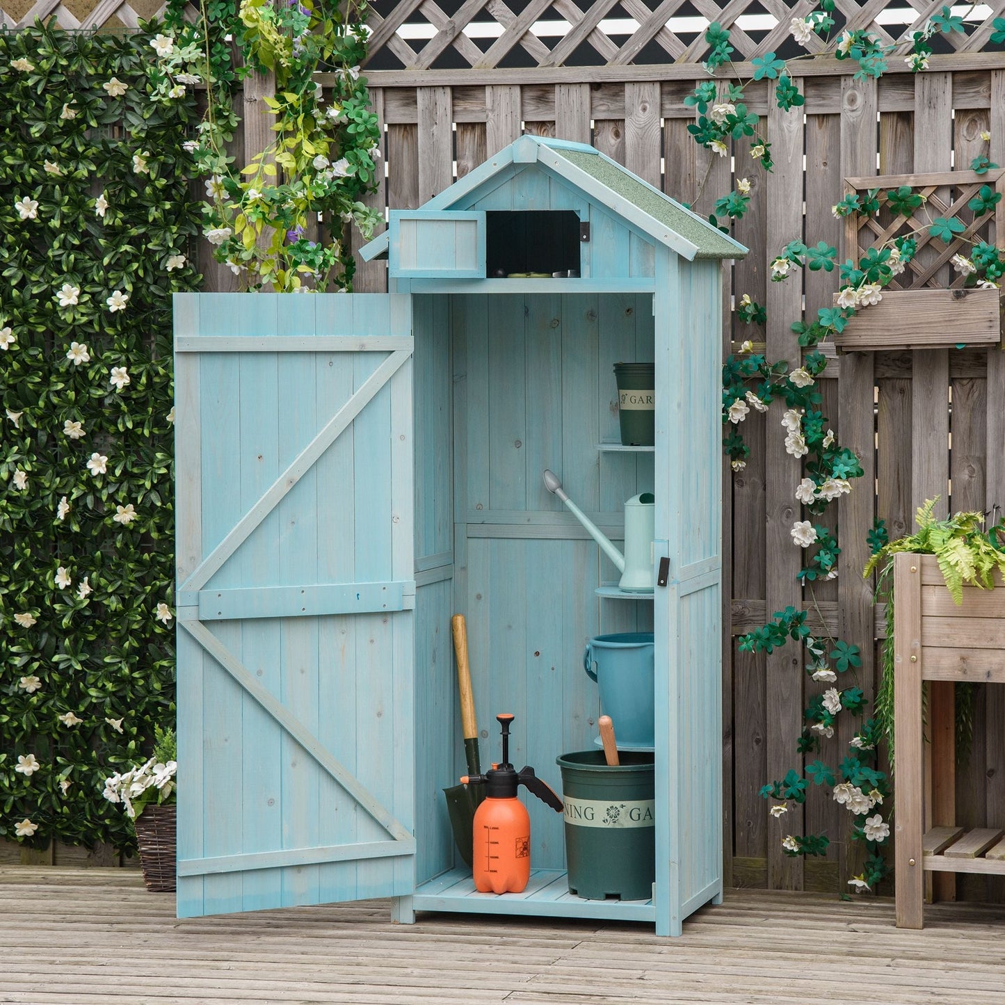 Outsunny Garden Shed Vertical Utility 3 Shelves Shed Wood Outdoor Garden Tool Storage Unit Storage Cabinet, 77 x 54.2 x 179cm - Blue