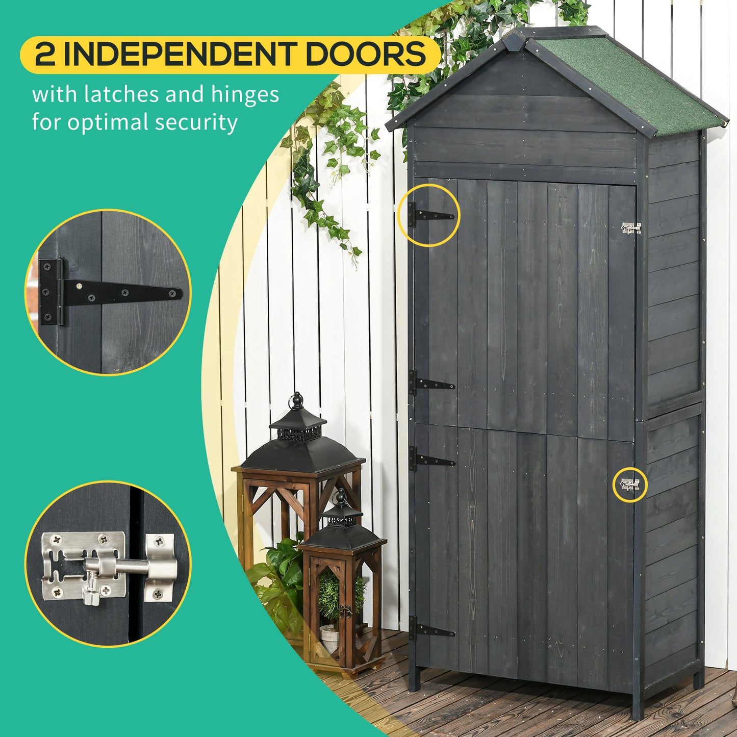 Outsunny Garden Shed 4-poziomowy drewniany domek ogrodowy na zewnątrz 3 półki szafka ogrodowa zamykana na klucz 2 drzwi - szary