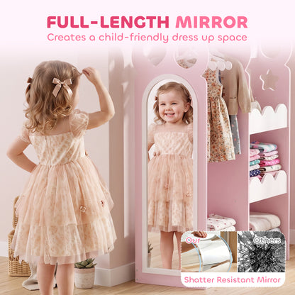 AIYAPLAY Kids Wardrobe, Children Dress Up Storage with Mirror, Clothes Rail, Shelves, Hangers for Girls Boys Bedroom Nursery Pink
