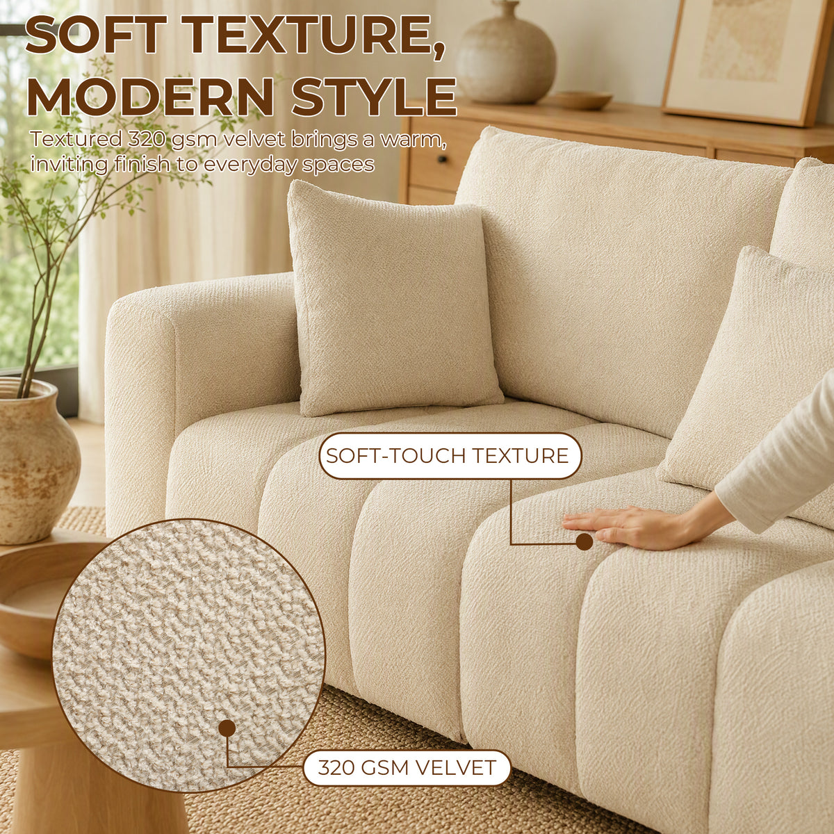 HOMCOM 2 Seater Sofa, Upholstered Velvet Small Couch for Bedroom with Pillows, Modern Sofa Settee with Padded Cushion and Wood Legs for Living Room, Cream White