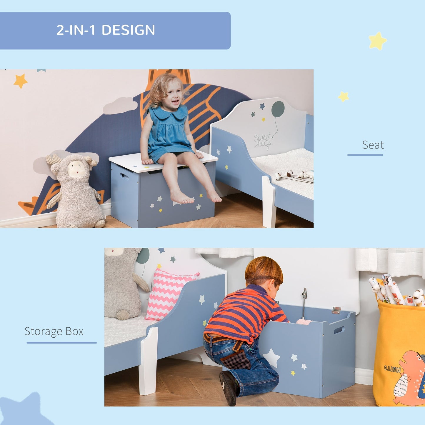 Wooden Kids Children Toy Box Storage Chest Organizer Safety Hinge Air Vents Side Handle Playroom Furniture Blue