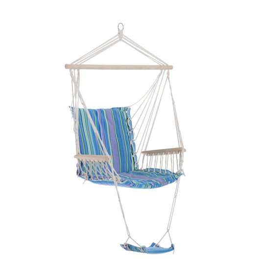 Outsunny Hanging Rope Chair with Soft Padded Seat & Backrest, Portable Garden Hammoc Chair with Wooden Support Bar, Armrests, Cotton Cloth, Footrest, for Patio & Tree, Blue