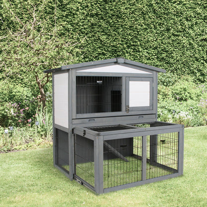 PawHut Rabbits 2-Tier Fur Wood Outdoor Hutch Grey