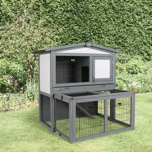 PawHut Rabbits 2-Tier Fur Wood Outdoor Hutch Grey