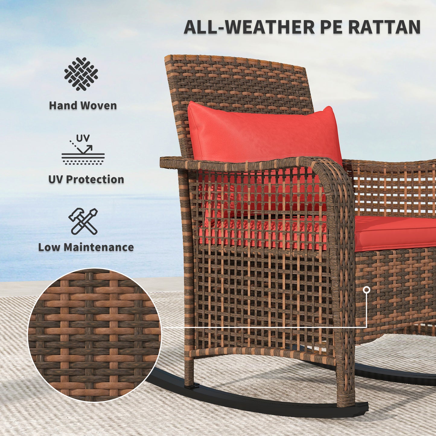 Fotel bujany Outsunny Rattan - czerwony