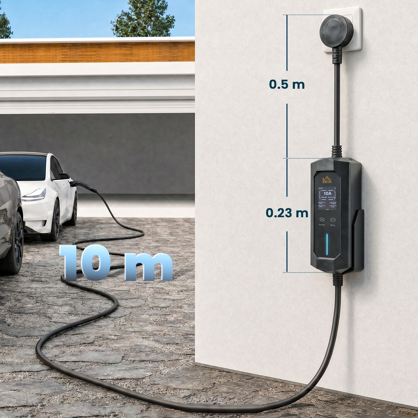 HOMCOM EV Charger Type 2 to 3 Pin Plug, 10 m, 2.8 kW, 6-13 A, Electric Car Charger Type 2 Charging Cable w/ 1-12 h Time Delay