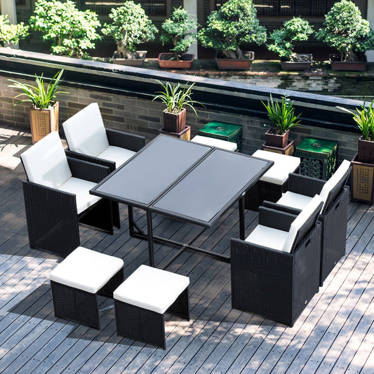 Outsunny 9 Piece Garden Rattan Dining Set Outdoor Patio Dining Table Set Weave Wicker 8 Seater Stool Black