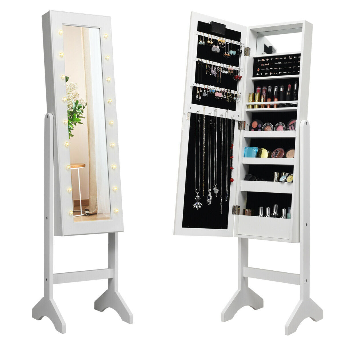 Standing Jewelry Armoire with 18 LED Lights & Mirror