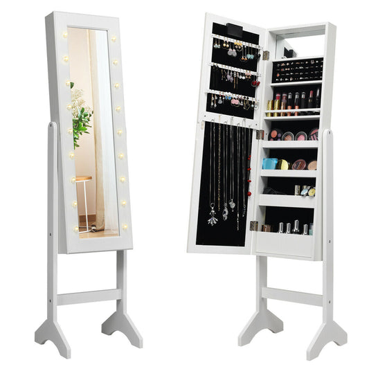 Standing Jewelry Armoire with 18 LED Lights & Mirror