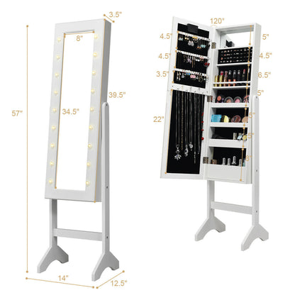 Standing Jewelry Armoire with 18 LED Lights & Mirror