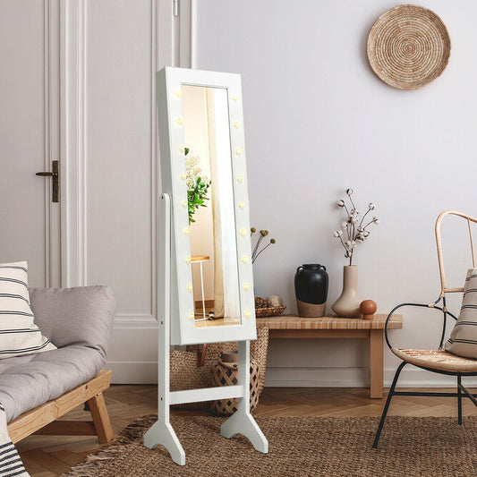 Standing Jewelry Armoire with 18 LED Lights & Mirror
