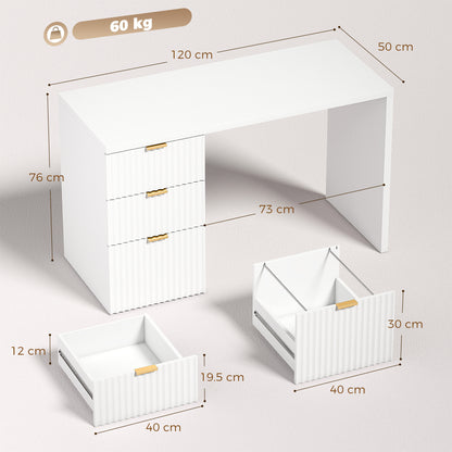 HOMCOM Computer Desk with 3 Drawers Reversible Home Office Desk 120 cm, White