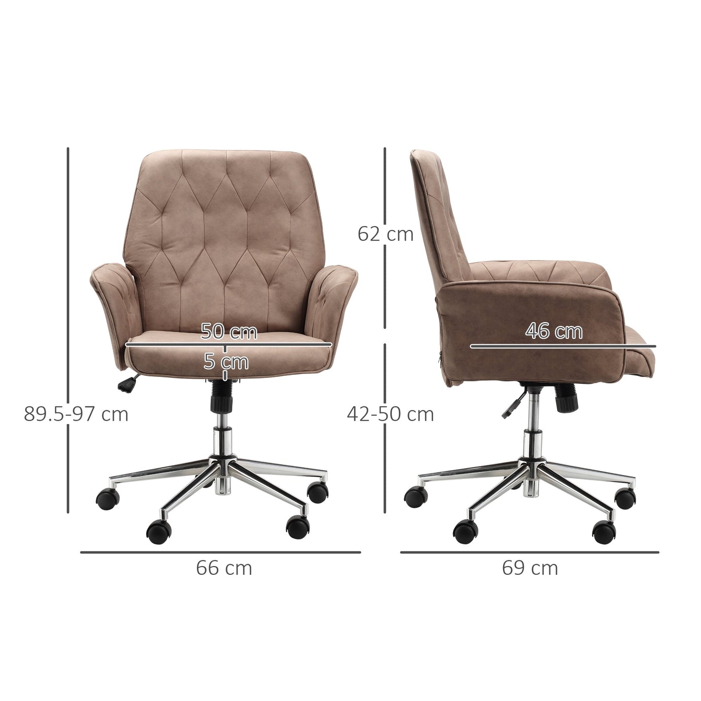 Vinsetto Office Desk Chair, Microfibre Vanity Chair with Adjustable Height, Armrest, Swivel Chair for Home, Coffee