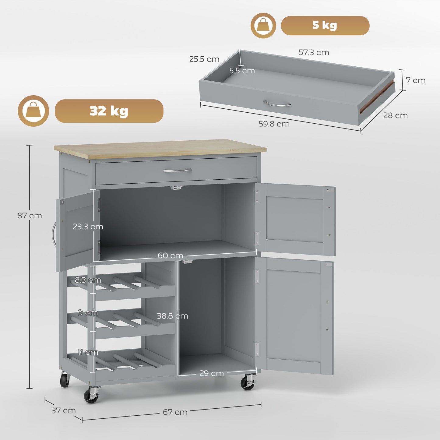 HOMCOM Modern Kitchen Trolley, Rolling Island Storage Cart with Drawer, 9-bottle Wine Rack, Door Cabinets, Wooden Countertop, Grey