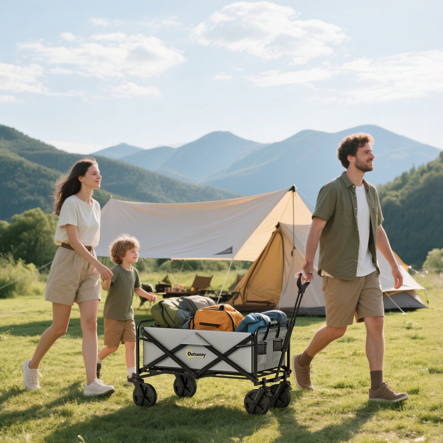 Outsunny Folding Pull Along Cart Cargo Wagon Trolley with Telescopic Handle - Dark Grey