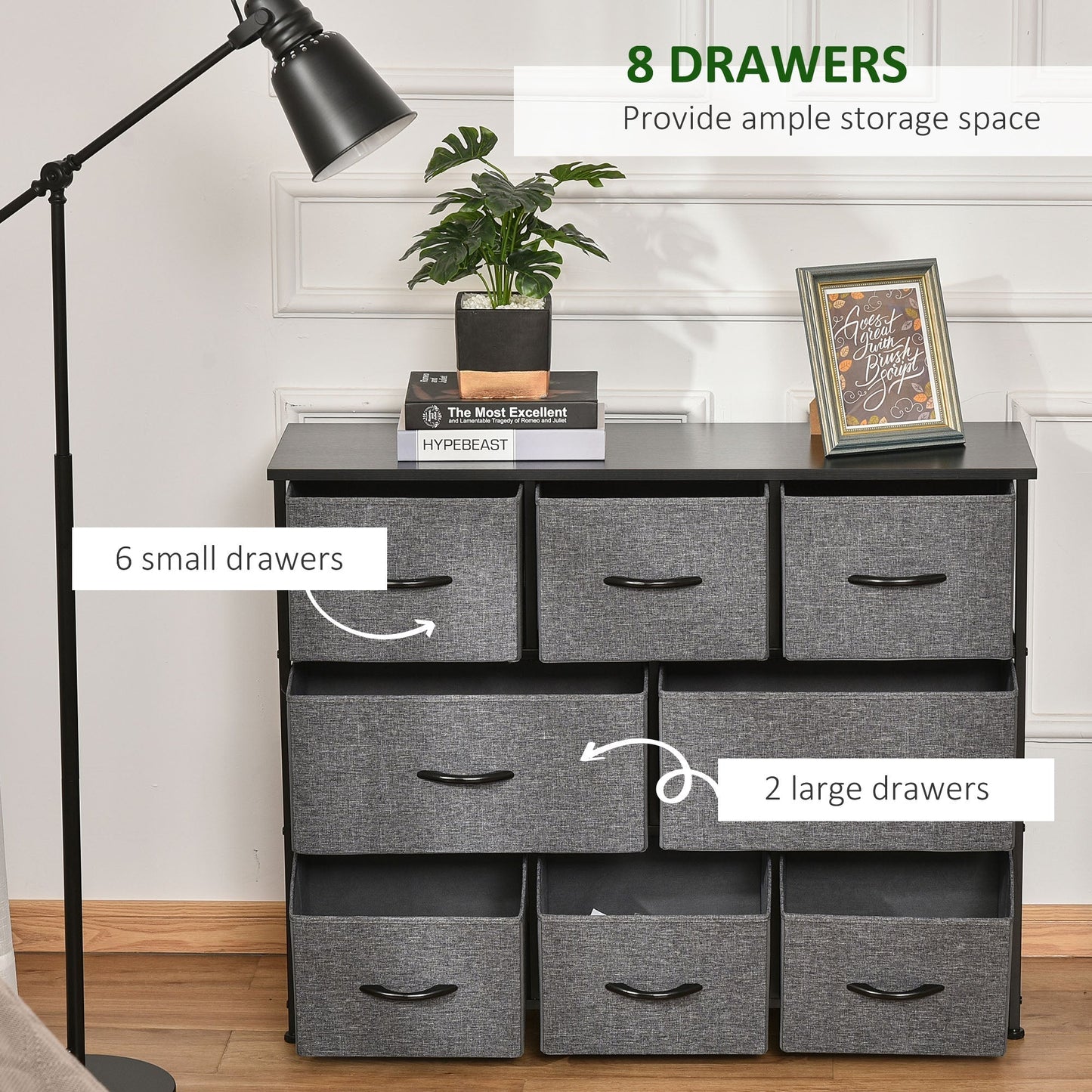 HOMCOM Chest of Drawers with 8 Foldable Drawers, 3-Tier Fabric Bedroom Dresser, Clothes Storage Unit for Bedroom Living Room, Dark Grey