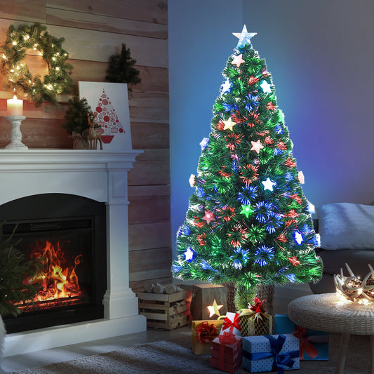 HOMCOM 5FT Prelit Artificial Christmas Tree Fibre Optic Star LED Light Holiday Home Xmas Decoration with LED Light for Indoor Party, Green
