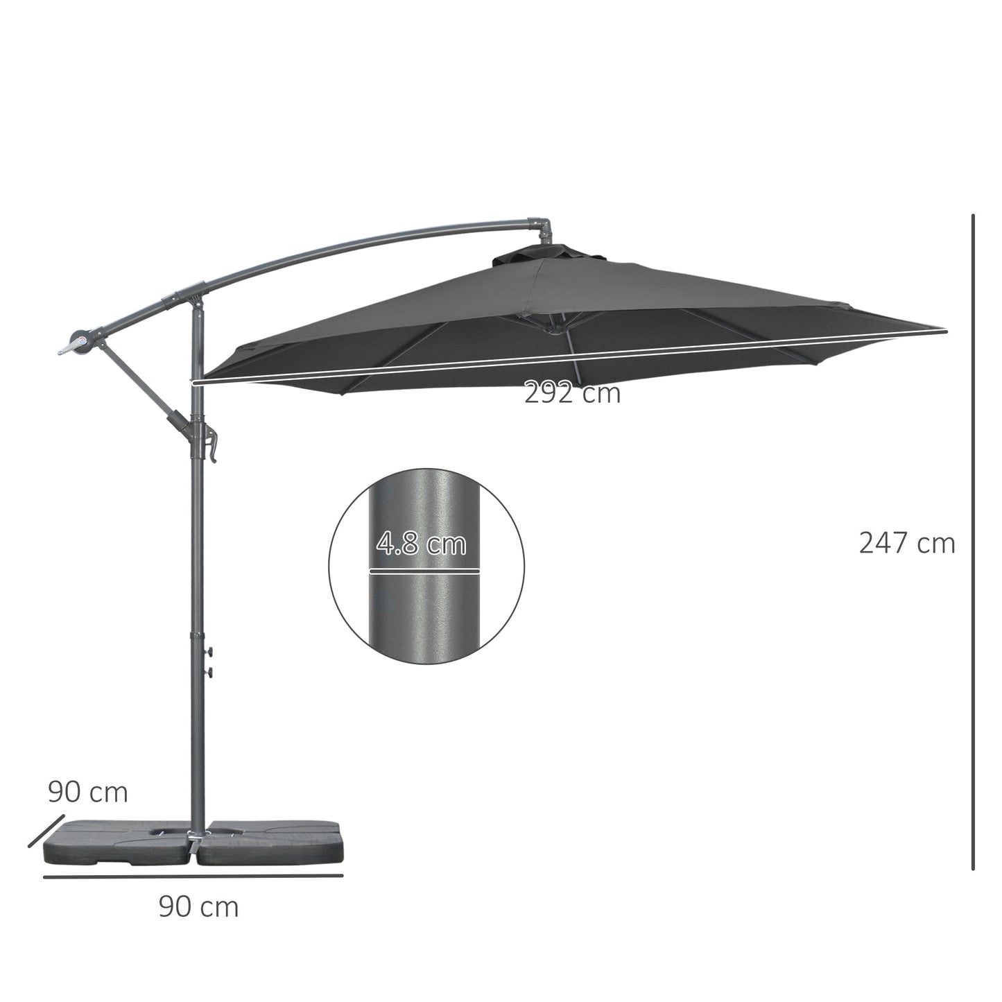 مظلة خارجية معلقة من Outsunny 3(m) Garden Banana Parasol بمقبض كرنك وقاعدة متقاطعة وأوزان وغطاء للاستخدام في الهواء الطلق، مظلة شمسية معلقة، لون أسود