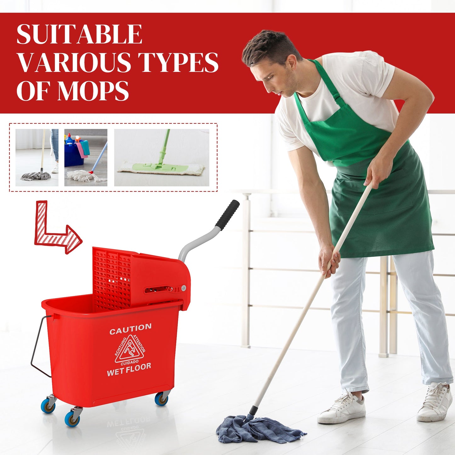 20L Mop Bucket with Wringer and Handle, Mop Bucket on Wheels for Floor Cleaning, Separate Dirty and Clean Water, Red