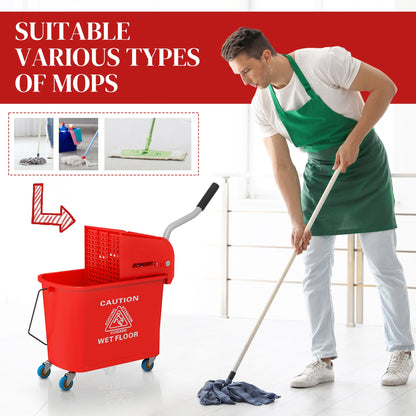 20L Mop Bucket with Wringer and Handle, Mop Bucket on Wheels for Floor Cleaning, Separate Dirty and Clean Water, Red