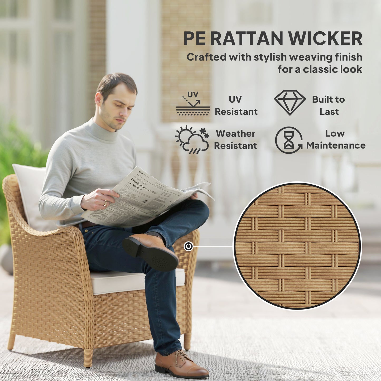 Zestaw 2 krzeseł ogrodowych Outsunny Rattan, krzesła ogrodowe z rattanu z poduszkami, podłokietnikami i wysokim oparciem, fotel ogrodowy z wikliny PE ze stalową ramą na balkon, werandę, beżowy