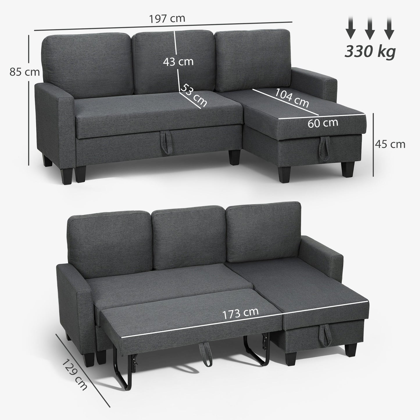 HOMCOM Three-Seater Storage Sofa Bed - Charcoal Grey