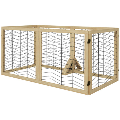 PawHut 6 Panels Pet Gate, Wooden Foldable Dog Barrier w/ Two Support Feet, for Small, Medium Dogs - Natural Wood