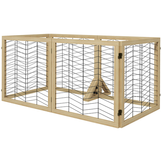 PawHut 6 Panels Pet Gate, Wooden Foldable Dog Barrier w/ Two Support Feet, for Small, Medium Dogs - Natural Wood