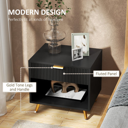HOMCOM Elegant Bedside Table Set of 2, with Drawer and Shelf - Black/Gold Tone