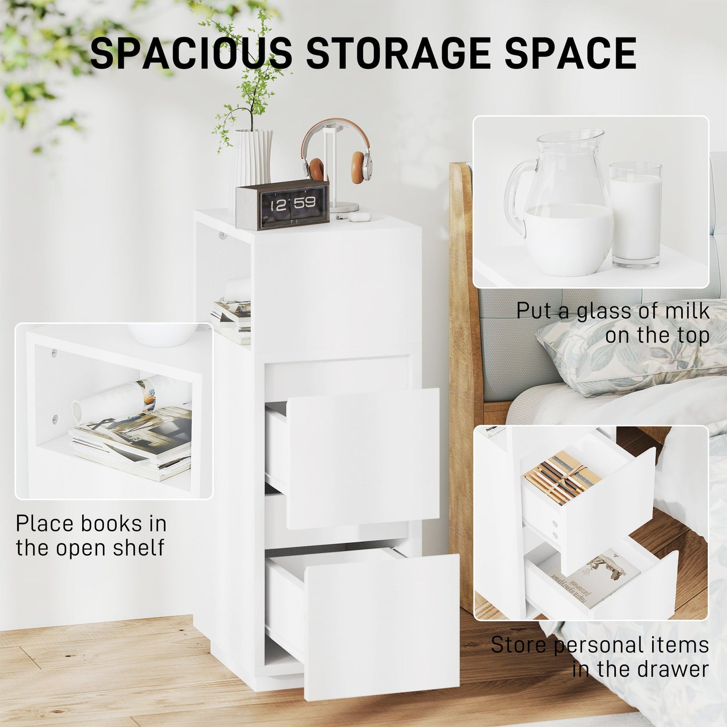 HOMCOM Slim Bedside Table, Narrow Bedside Cabinet with Open Shelf and 2 Drawers for Bedroom, Living Room, White