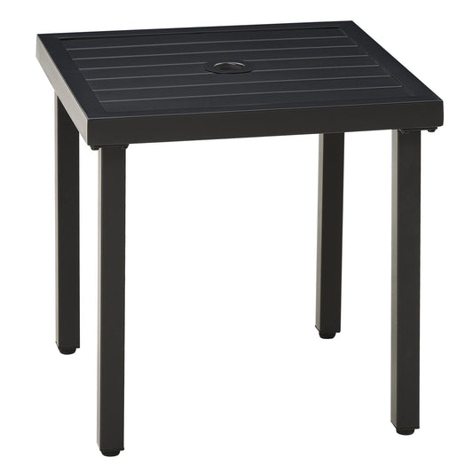 Outsunny Garden Side Table End Table Patio Coffee Table with Umbrella Hole, Steel Frame for Balcony, Black