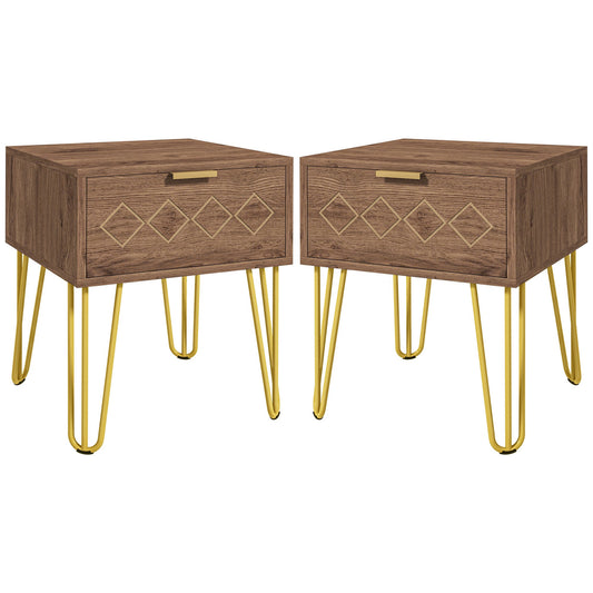 HOMCOM Bedside Table Set of 2 with Drawer, Wooden Nightstand, Modern Sofa Side Table with Gold Tone Metal Legs for Bedroom