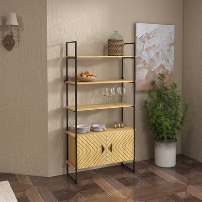 Retro Style Industrial Bookshelf 4-Tier Shelving with Double Door Cabinet and Metal Frame for Living Room, Bedroom, Oak Tone