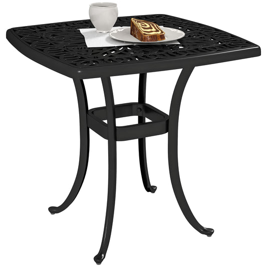 Stół ogrodowy Outsunny Outdoor z otworem na parasol o średnicy 38 mm, aluminiowy stolik tarasowy z antypoślizgowymi podkładkami do ogrodu, na patio lub balkon, 54 x 54 cm, czarny
