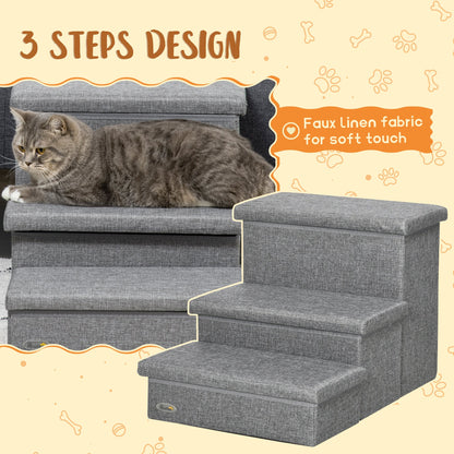 PawHut Cat Stairs with Storage Boxes, 3 Steps Dog Stairs for Bed, Pet Ladder for Couch Sofa, Easy Installation, 63.5 x 42.5 x 40.5 cm, Light Grey