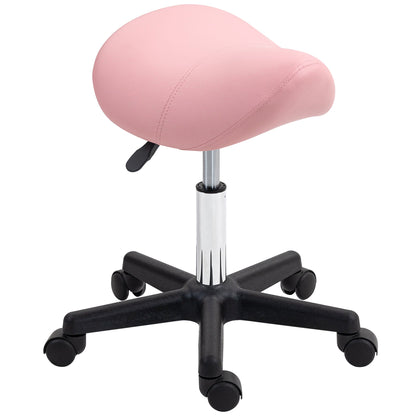 HOMCOM Saddle Stool, PU Leather Adjustable Rolling Salon Chair ze stalową ramą do masażu, spa, urody i tatuażu, różowy