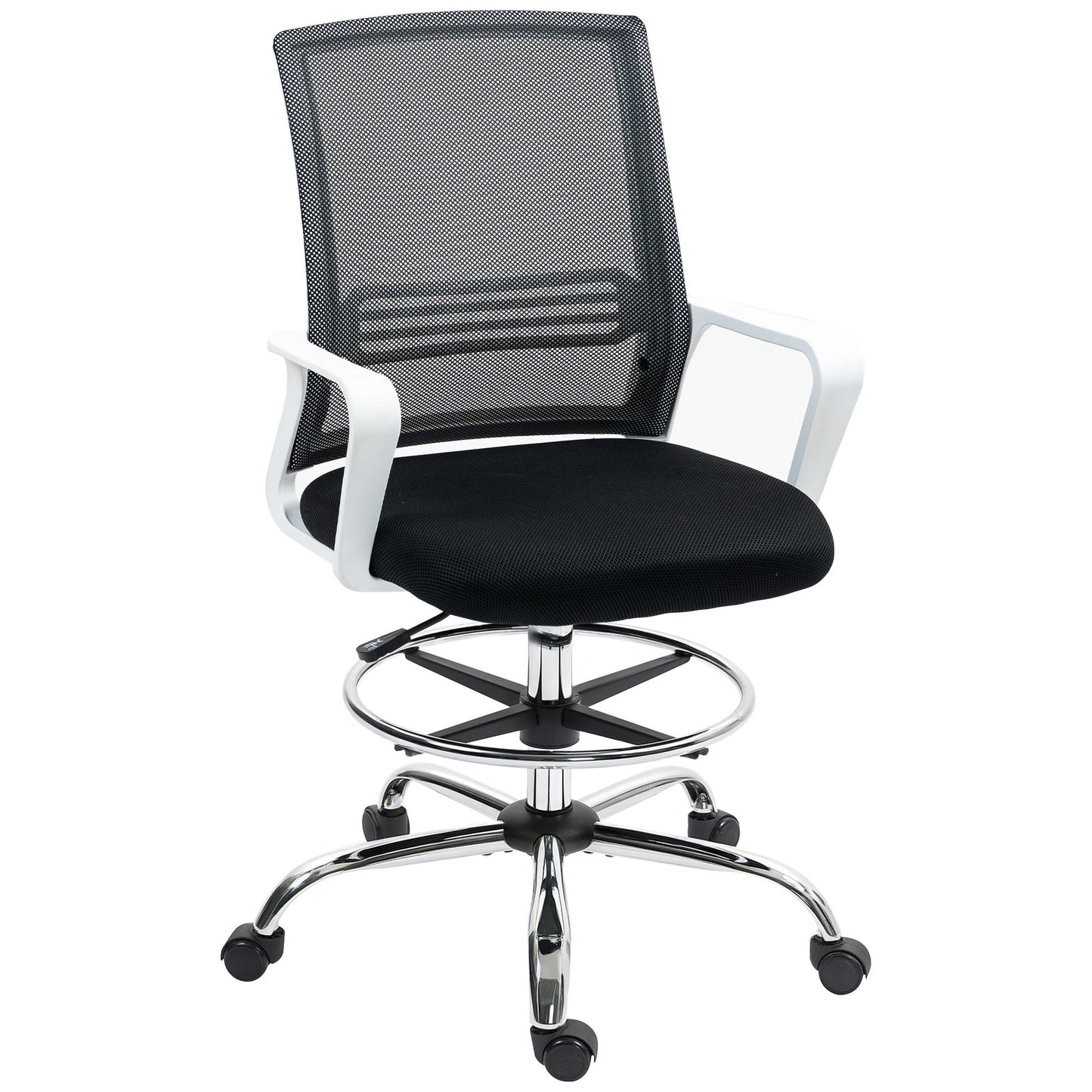Krzesło kreślarskie HOMCOM, siatkowe krzesło kreślarskie, ergonomiczne krzesło biurowe z podparciem lędźwiowym, regulowany podnóżek, czarne