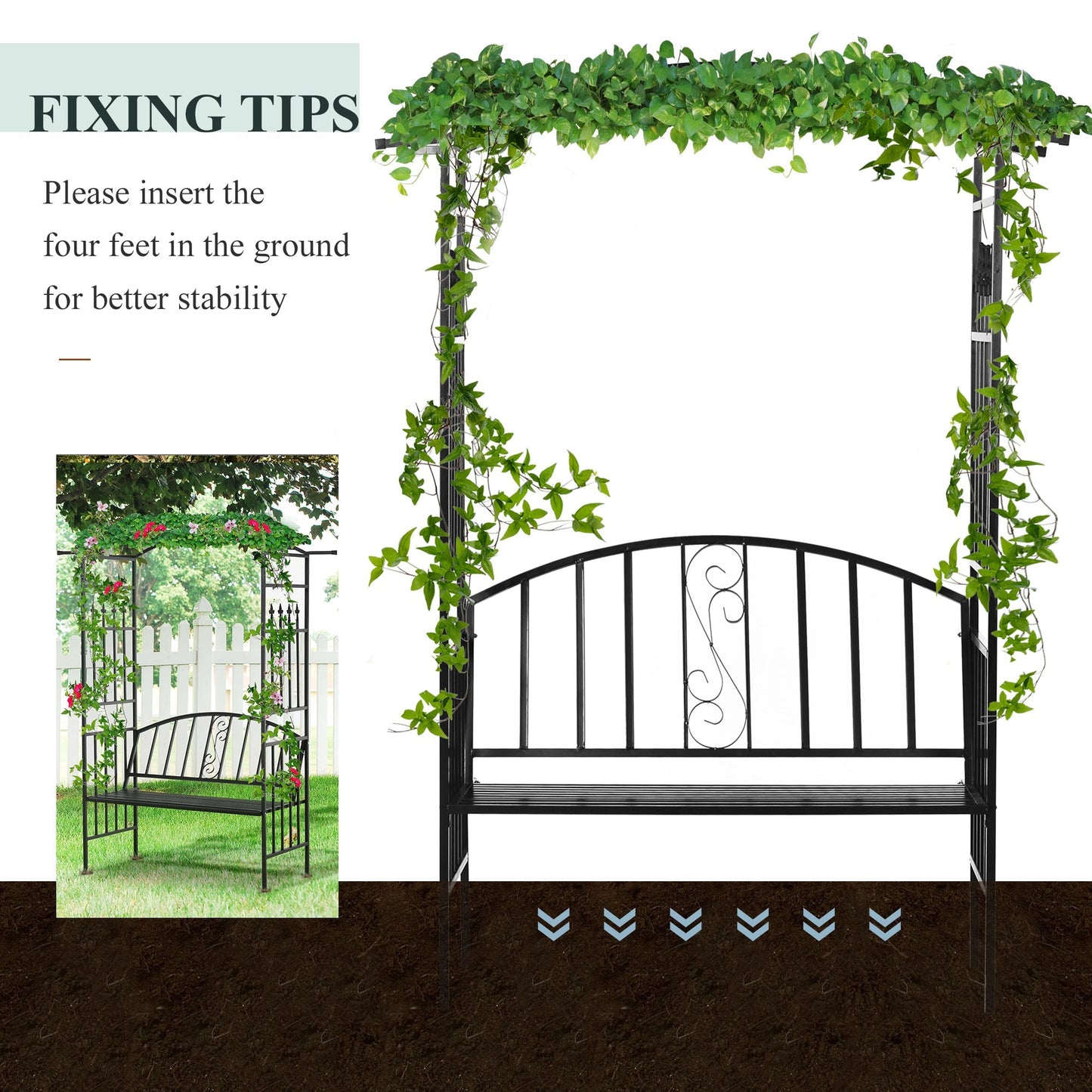 Outsunny Garden Metal Arch Arbour with Bench Love Seat Chair Outdoor Patio Rose Trellis Pergola Climbing Plant Archway Tubular- 154L x 60W x 205Hcm