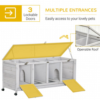 PawHut Rabbit Hutch Guinea Pig Cage, 2 in 1 Small Animal House for Indoor with Wheels 138 x 53 x 61cm, Light Grey