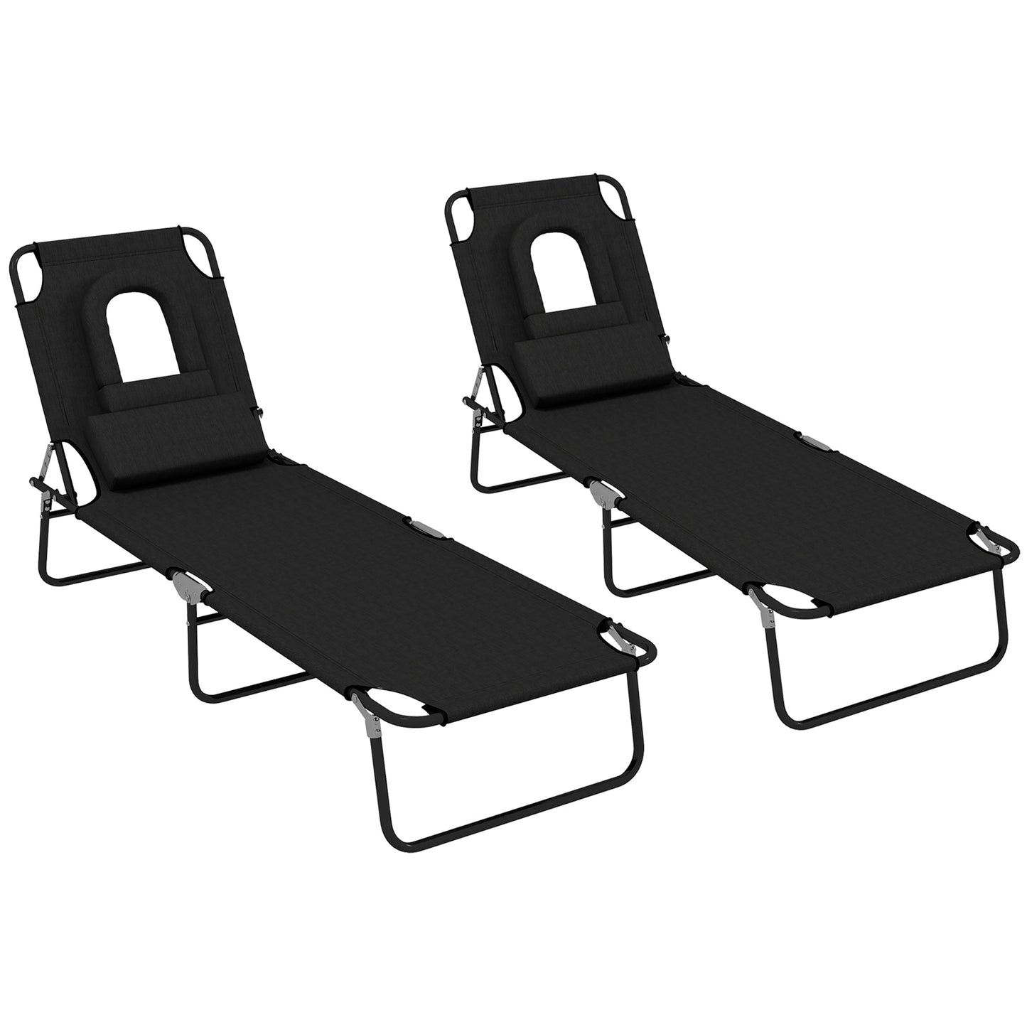 Outsunny Outdoor Folding Sun Lounger Set of 2 with Face Hole, 4 Level Adjustable Backrest Reclining Garden Lounger, Garden Recliner Sunbed with 600 D Oxford Cloth Seat and Pillow for Beach, Black